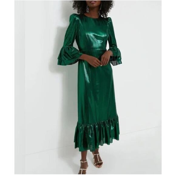 Tuckernuck Emerald Green Crinkle Lurex Lillith Dress Large - Picture 1 of 4